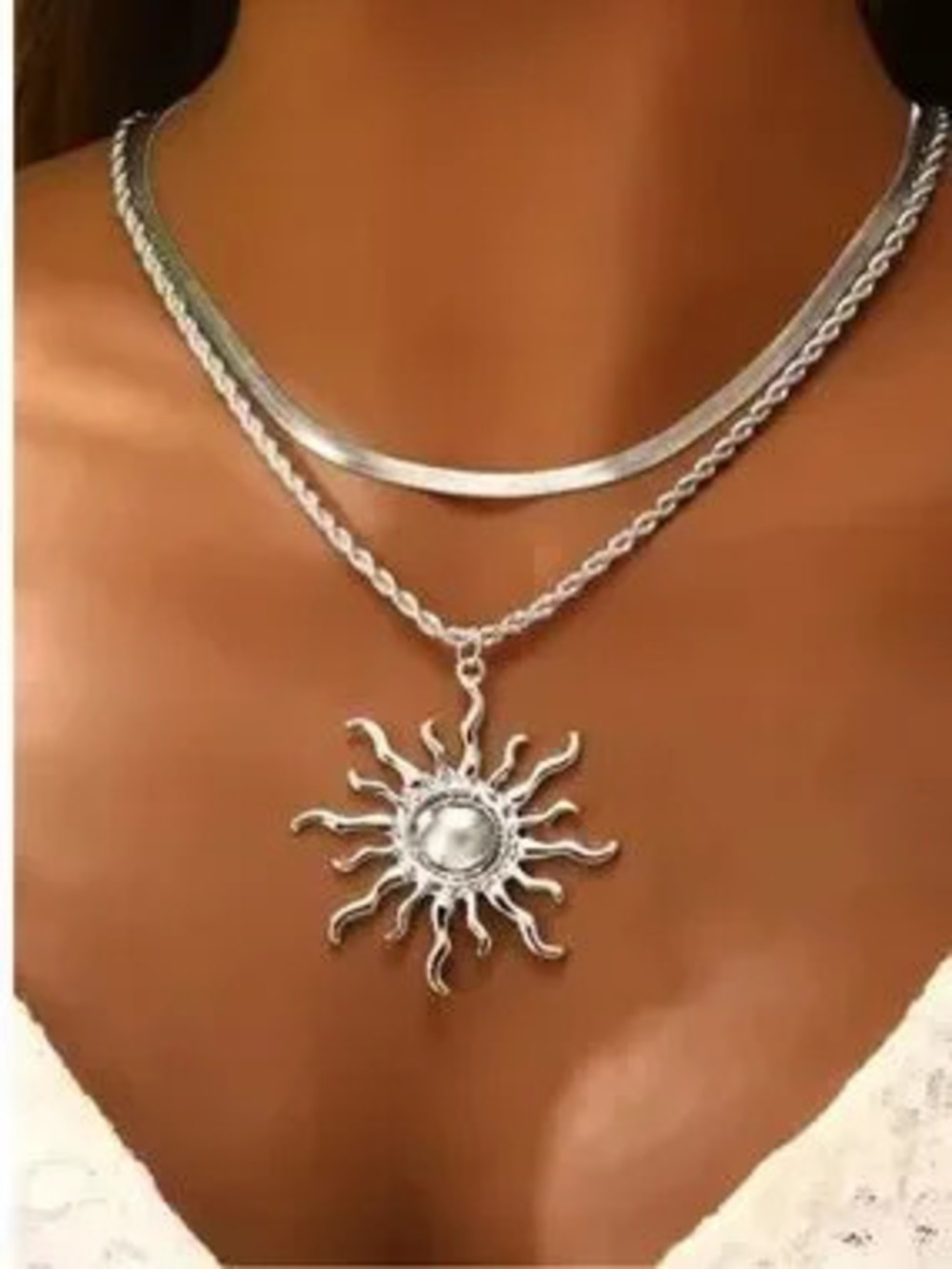 Silver Sunburst Layered Necklace